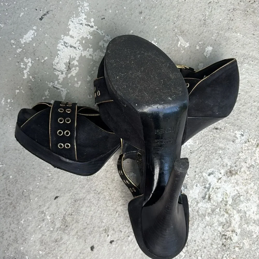 Fendi T strap suede platforms with gold grommets